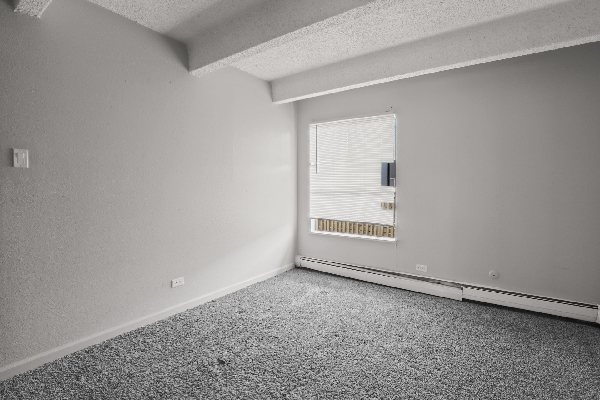 Empty gray room with carpet, white walls, and a window with radiator beneath it