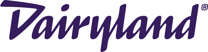 Dairyland logo in purple cursive text on a light blue background