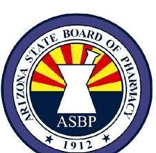 Arizona State Board of Pharmacy seal with a mortar and pestle over an Arizona flag design, text 'ASBP' and '1912.
