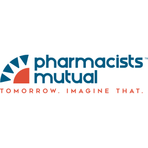 Logo for Pharmacists Mutual: blue and orange sunburst above company name in blue, tagline 