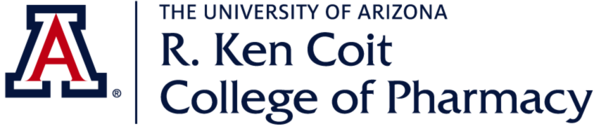 Logo for the University of Arizona R. Ken Coit College of Pharmacy. A red and blue 