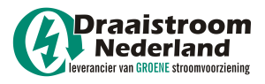Logo voor Draaistroom Nederland, met een groen cirkelvormig bliksemicoon en zwarte tekst op een witte achtergrond.