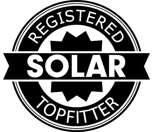 Geregistreerd logo van een zonnedakmonteur met een opvallend zwart-wit cirkelvormig ontwerp.