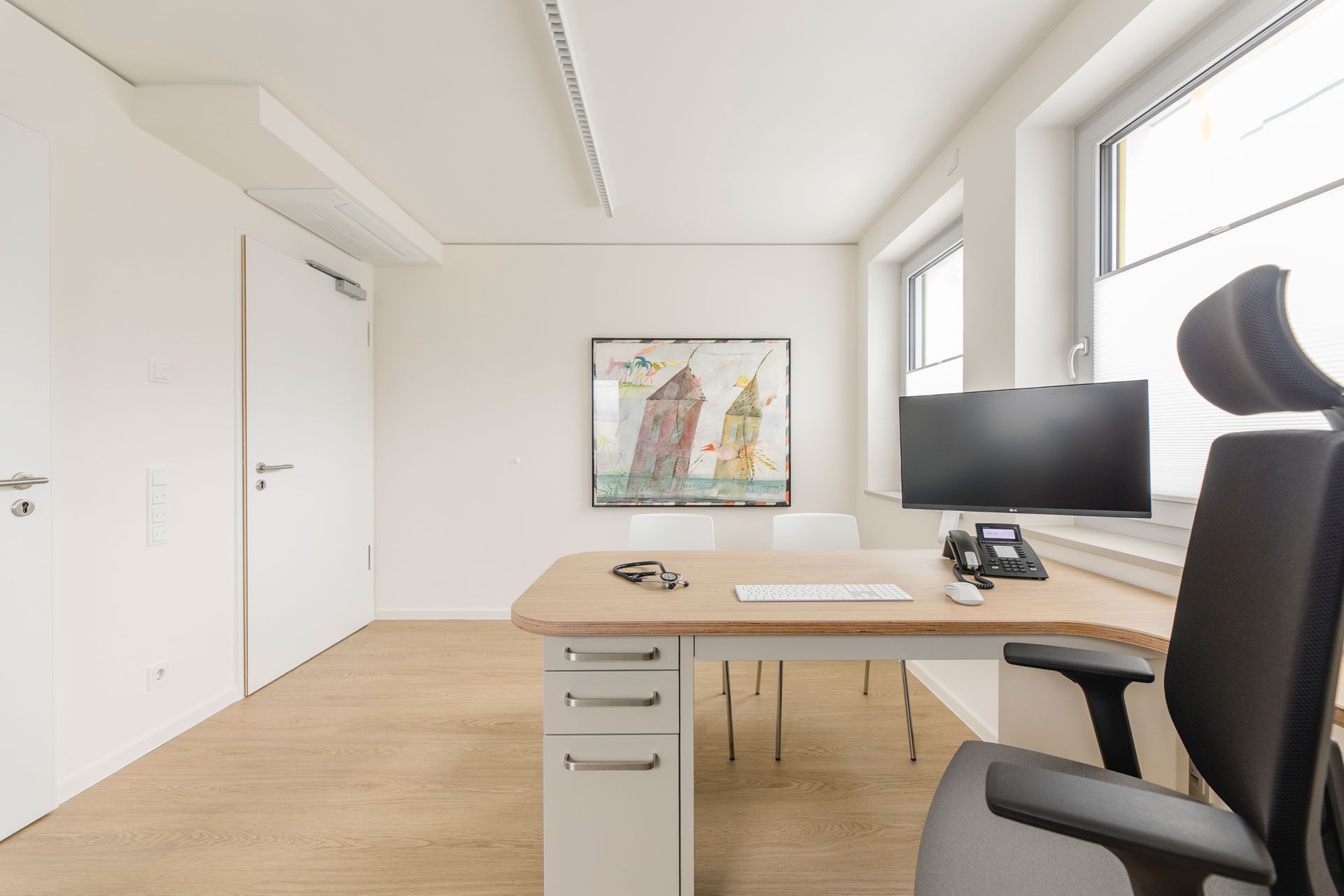 Sprechzimmer mit einem Schreibtisch und einem Bild an der Wand
