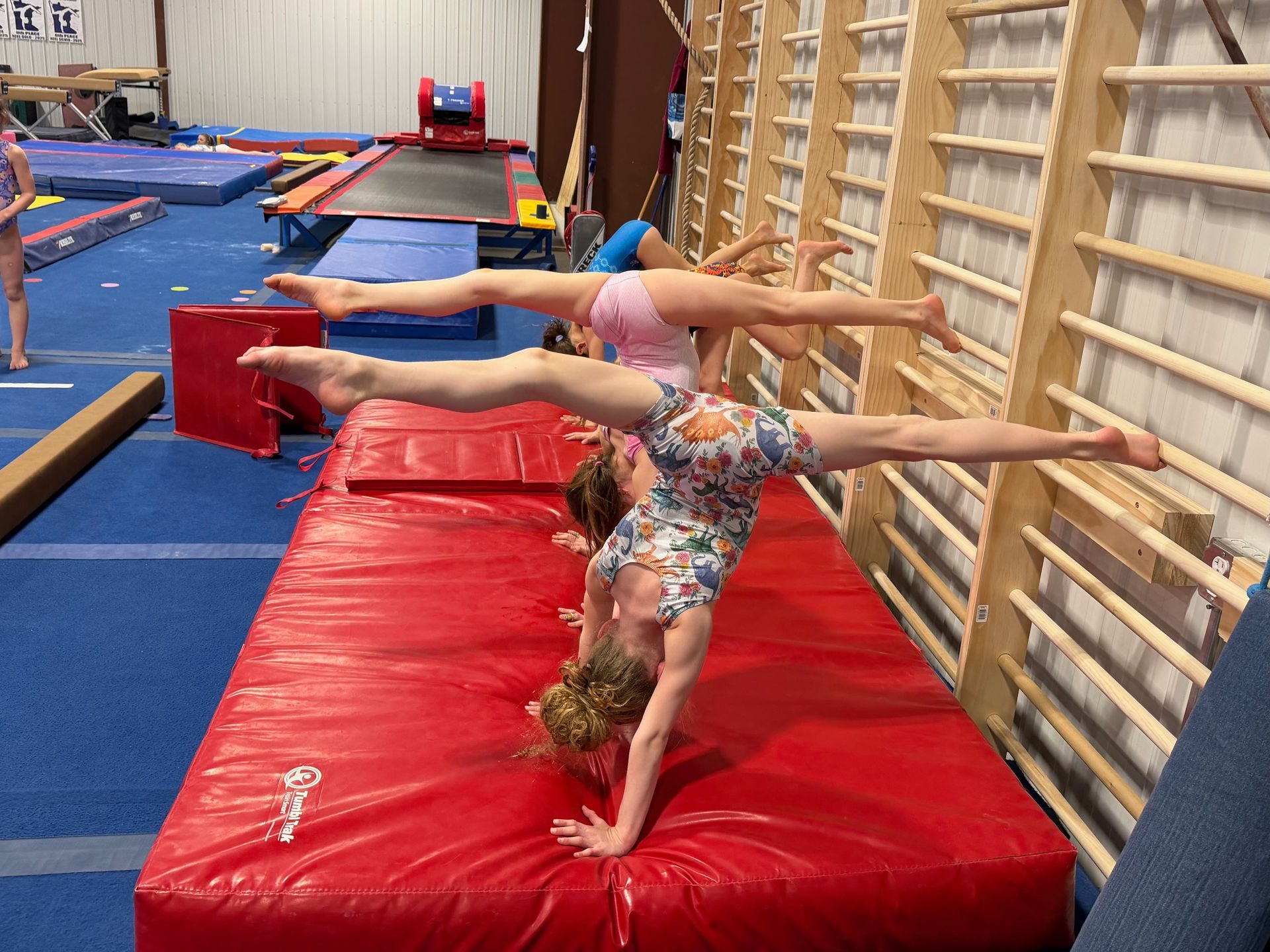 Gymnasts practicing handstands on red mats in an indoor gymnasium