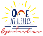 One Athletics Gymnastics logo with blue and red text and yellow sun rays