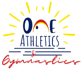 One Athletics Gymnastics logo with blue and red text and yellow sun rays
