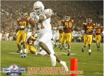 Texas Longhorns player running with football, white uniform, scoring a touchdown against USC Trojans, Rose Bowl, celebration.