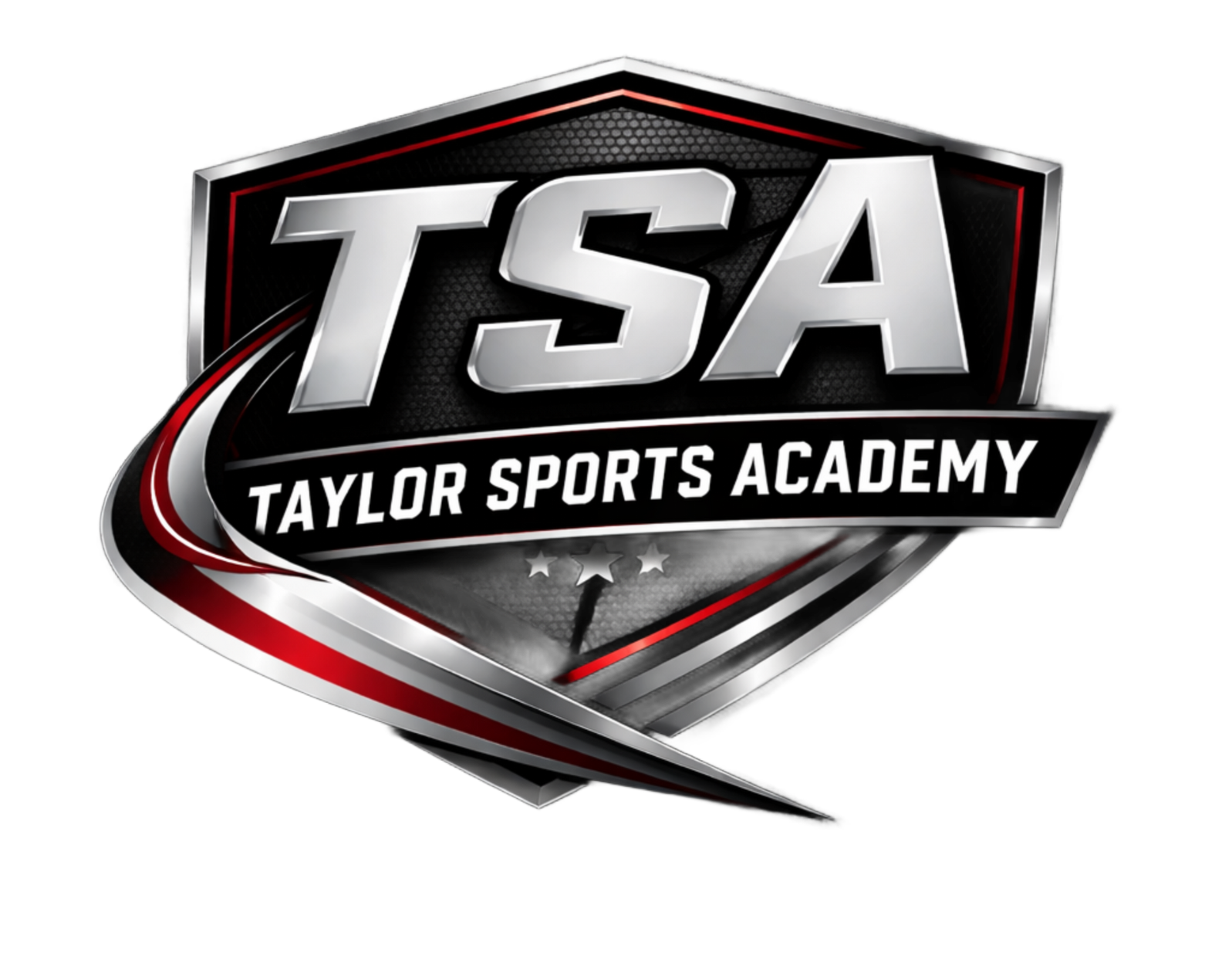 TSA (Taylor Sports Academy) logo: silver, red, and black shield with "TSA" and "Taylor Sports Academy" text.