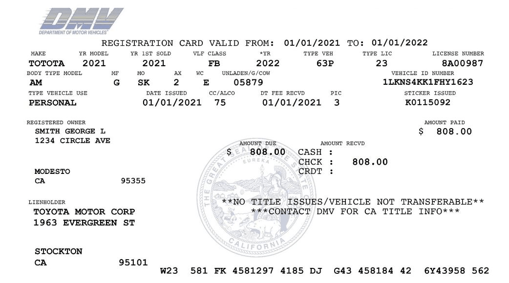 Blurry scan of a DMV document with text, stamps, and a circular seal.