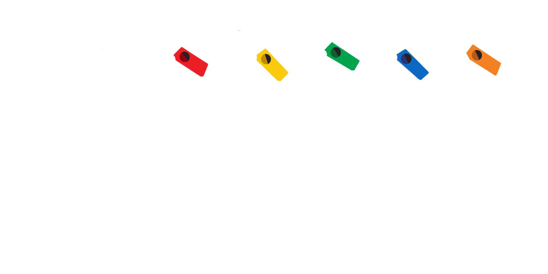 A row of colorful stickers are flying in the air on a white background.