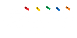 A row of colorful stickers are flying in the air on a white background.