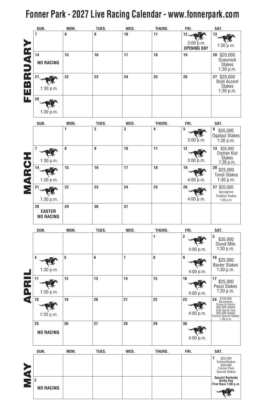 A calendar for fonner park for the year 2027