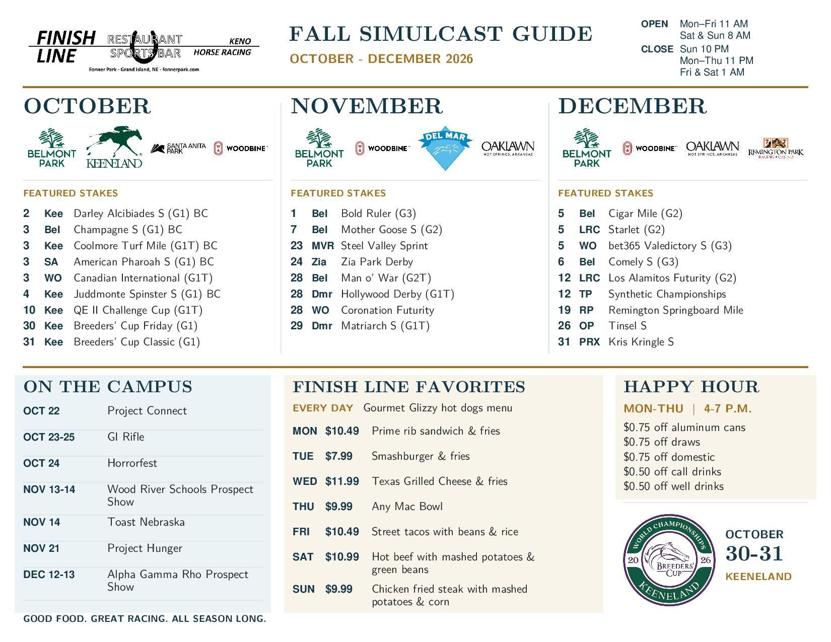 A flyer for fonner park oaklawn shows upcoming events for february march and april