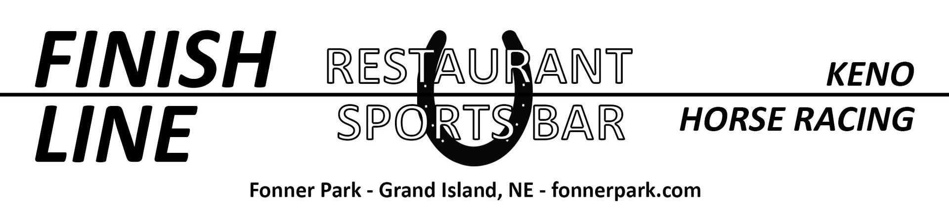 A black and white logo for finish restaurant sports bar horse racing