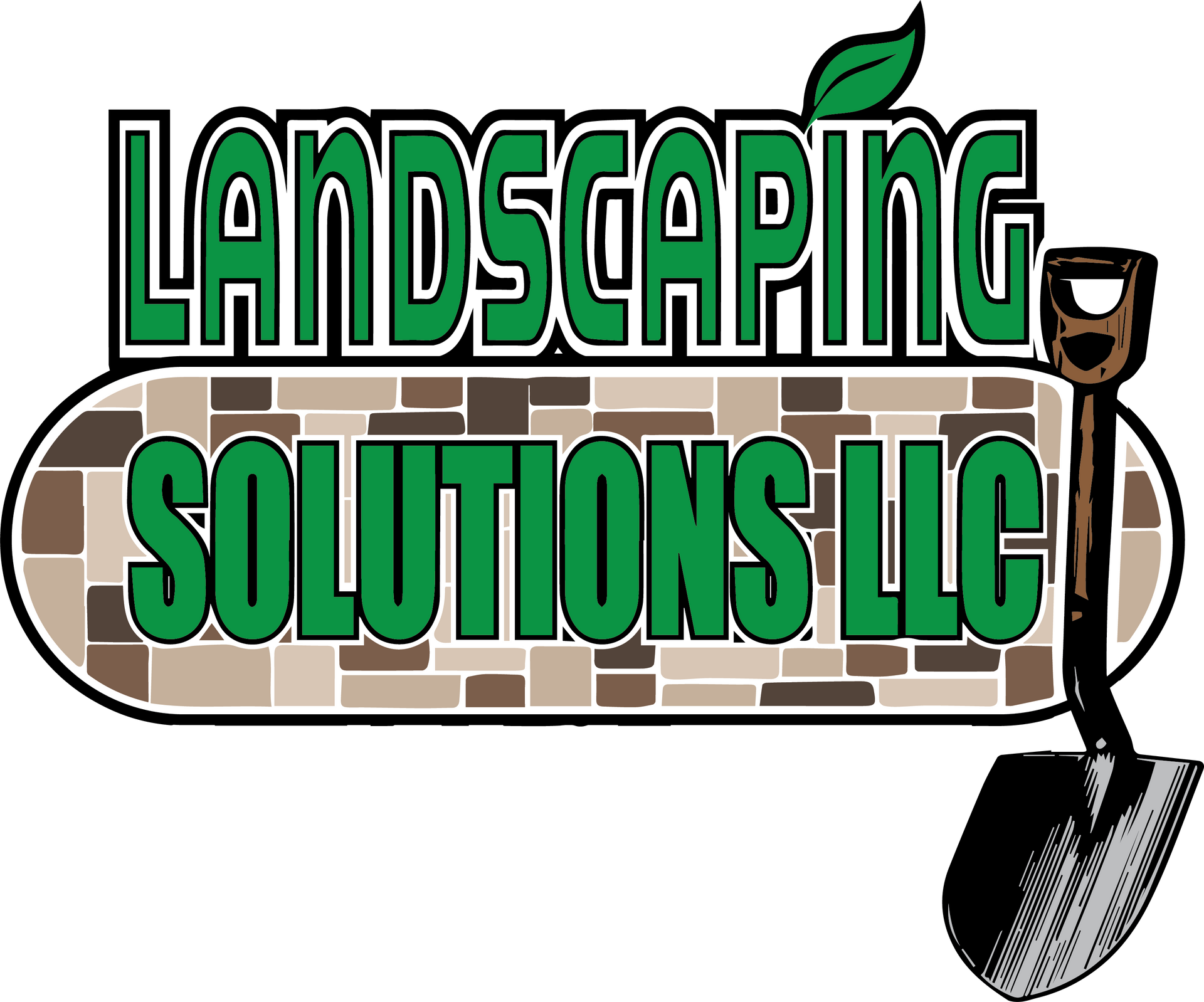 A logo for landscaping solutions llc with a shovel on a brick wall.