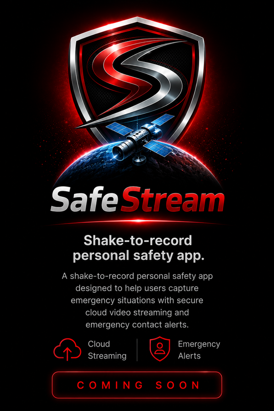 SafeStream personal safety app featuring emergency video recording, live streaming, GPS location sharing, and cloud protection.