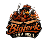 Angry cartoon chicken in box, holding fork, surrounded by flames, "Big Jerk in a Box BBQ" logo.