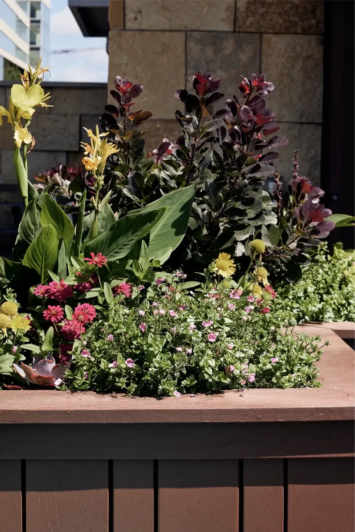 Colorful flower bed and lush plants in front of a building exterior at The Walkway, which offers apartments in Minneapolis, MN.
