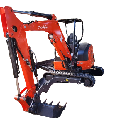 A small orange and black excavator is sitting on a white background.