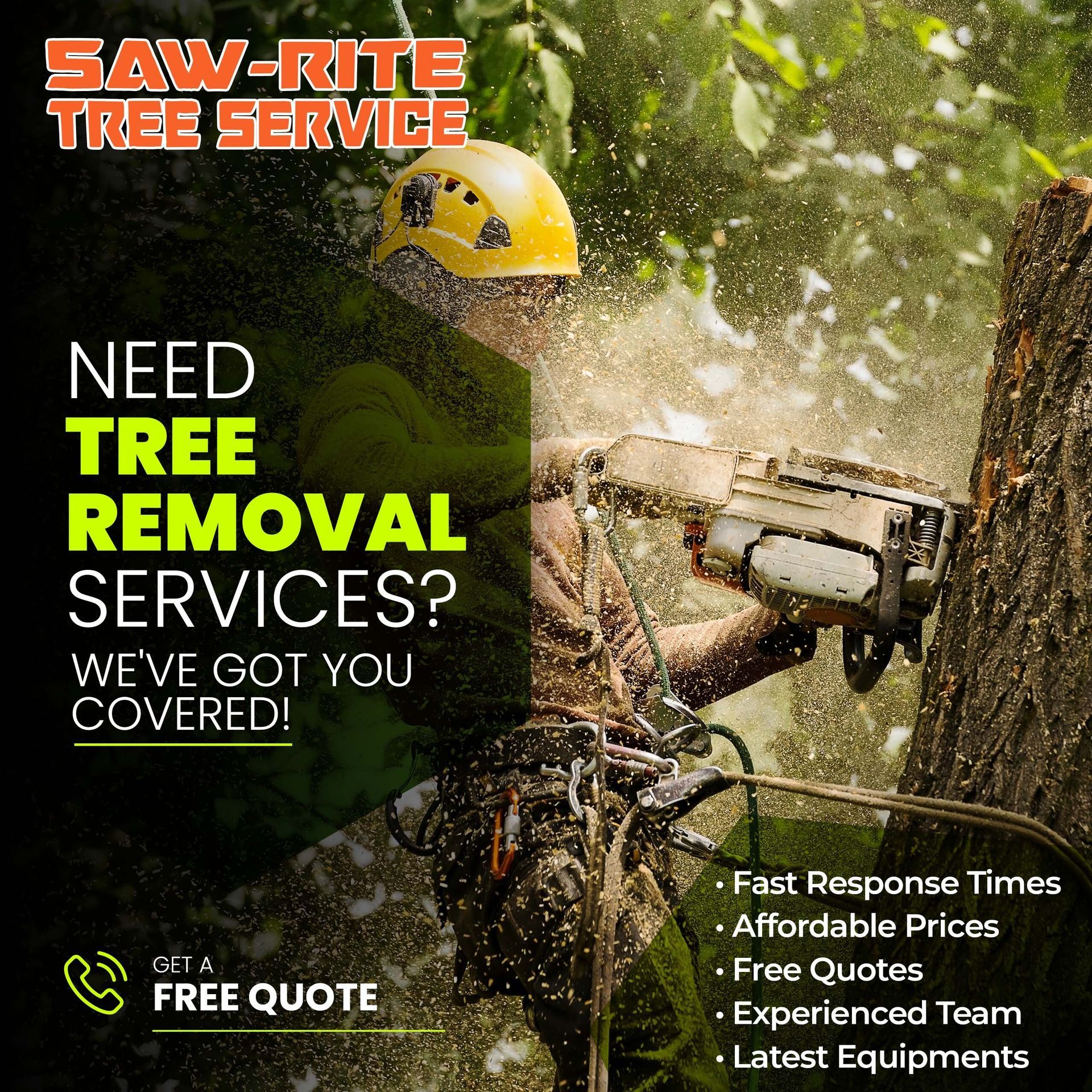 An advertisement for saw-rite tree service shows a man cutting a tree with a chainsaw