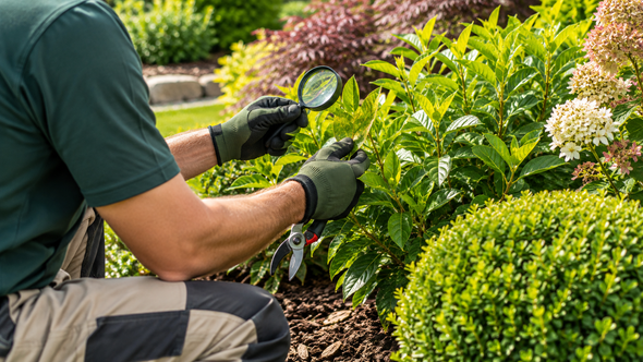 A man wearing green gloves is pruning a tree.