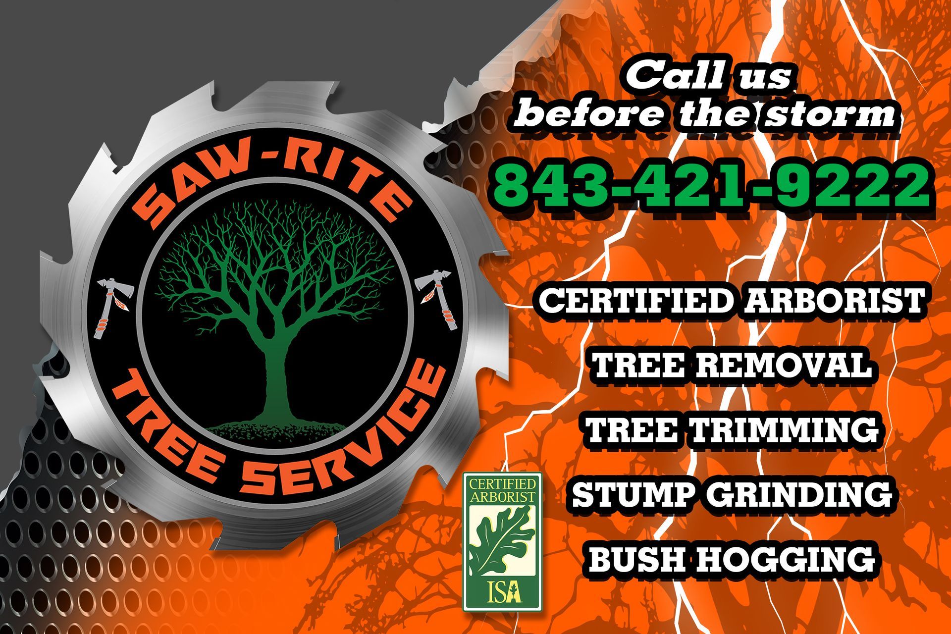 An advertisement for saw-rite tree service with a tree in the center