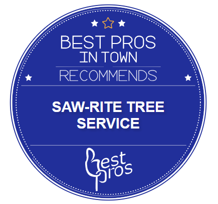 A blue circle that says best pros in town recommends saw-rite tree service