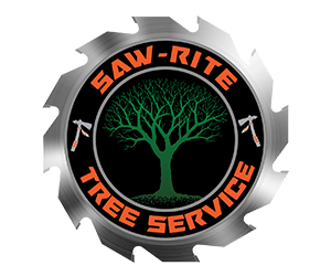 A logo for saw-rite tree service with a tree in the center