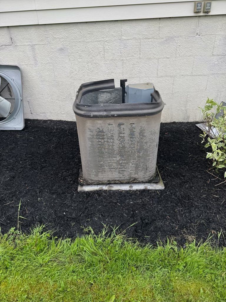 Trash bin on a concrete pad beside a white wall, with black mulch and green grass nearby.