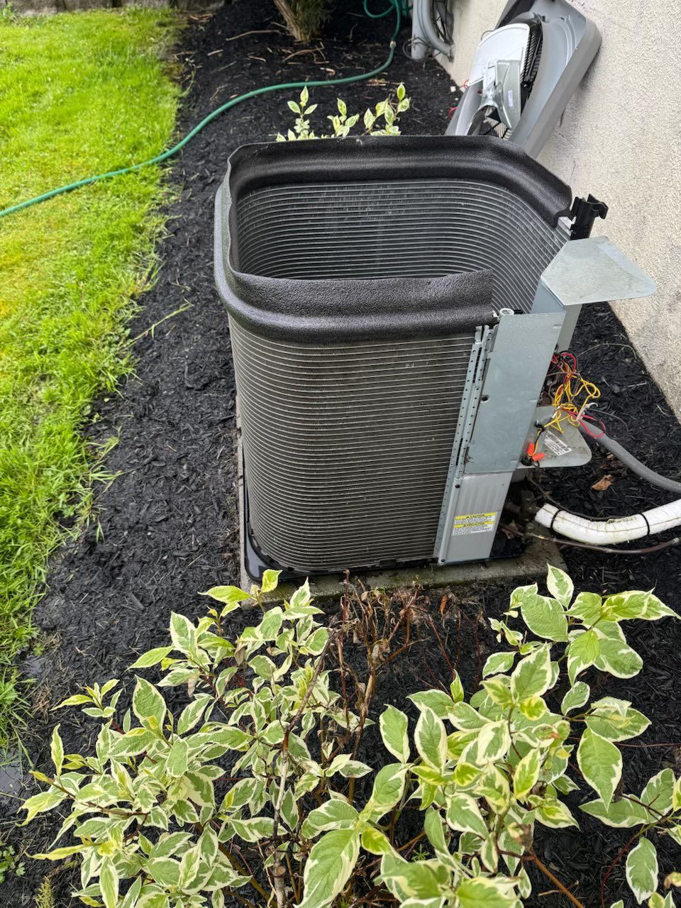 Outdoor air conditioner unit beside a house, with green plants and black mulch around it