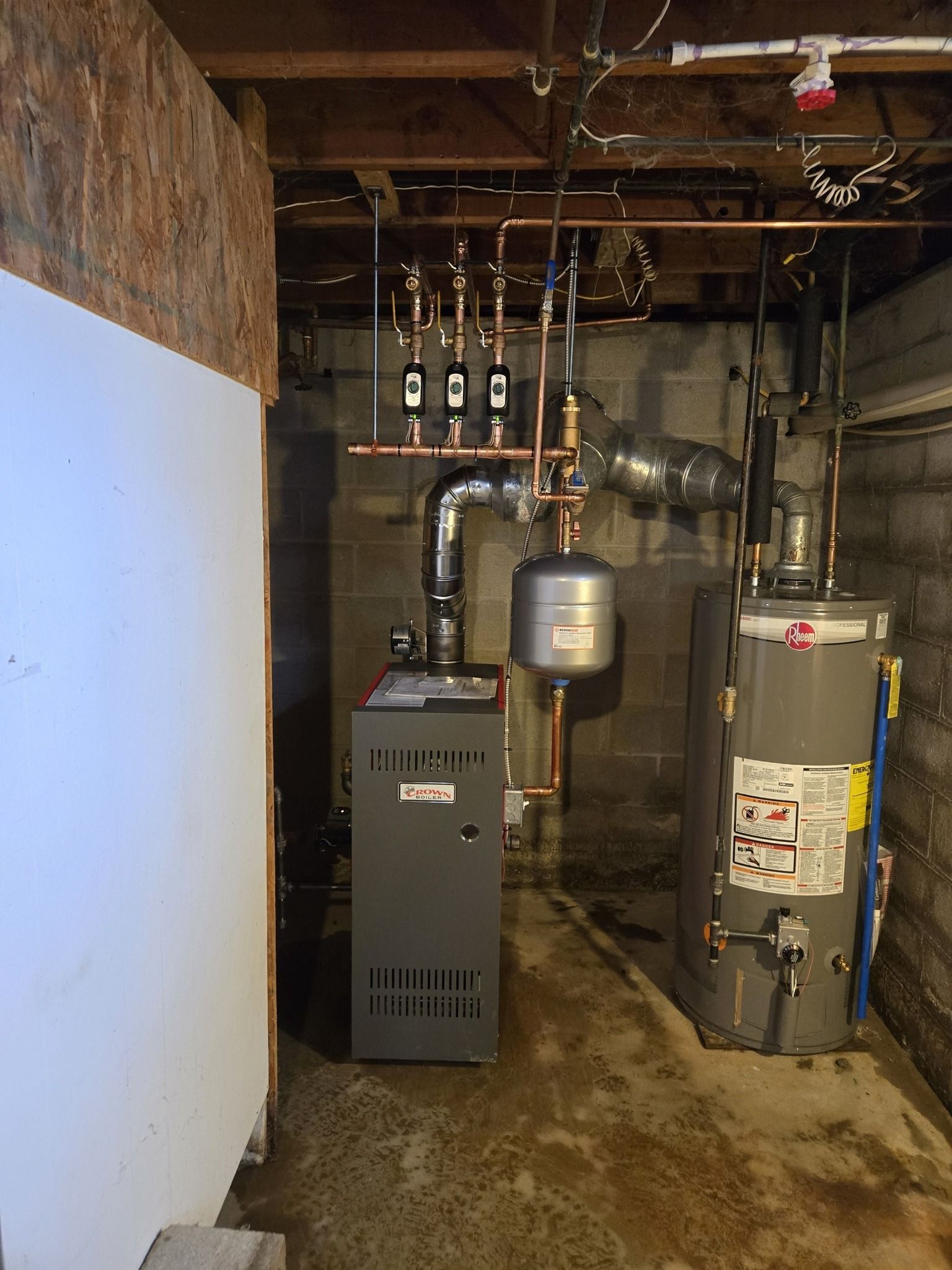 Basement utility room with furnace, water heater, and exposed pipes.