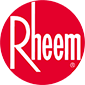 Rheem logo in white on a red circular background