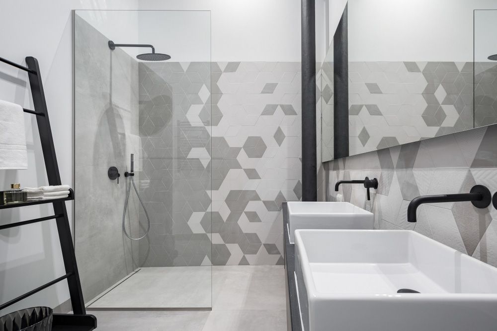 A Bathroom With Two Sinks and a Walk in Shower — Maestro Tiling Services In Gungahlin, ACT