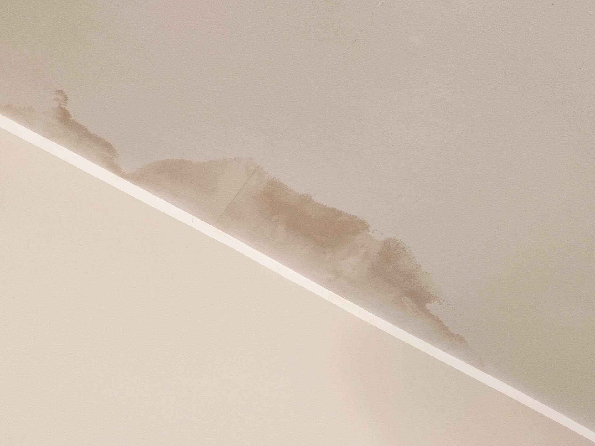 Tache d'humidité sur un plafond blanc.