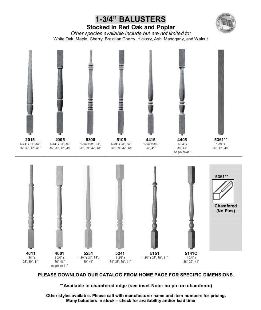 Chart of wood baluster styles and sizes in black and natural wood, with product labels and measurements