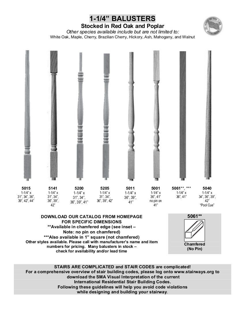 Catalog page showing several wooden balusters in different styles and heights.