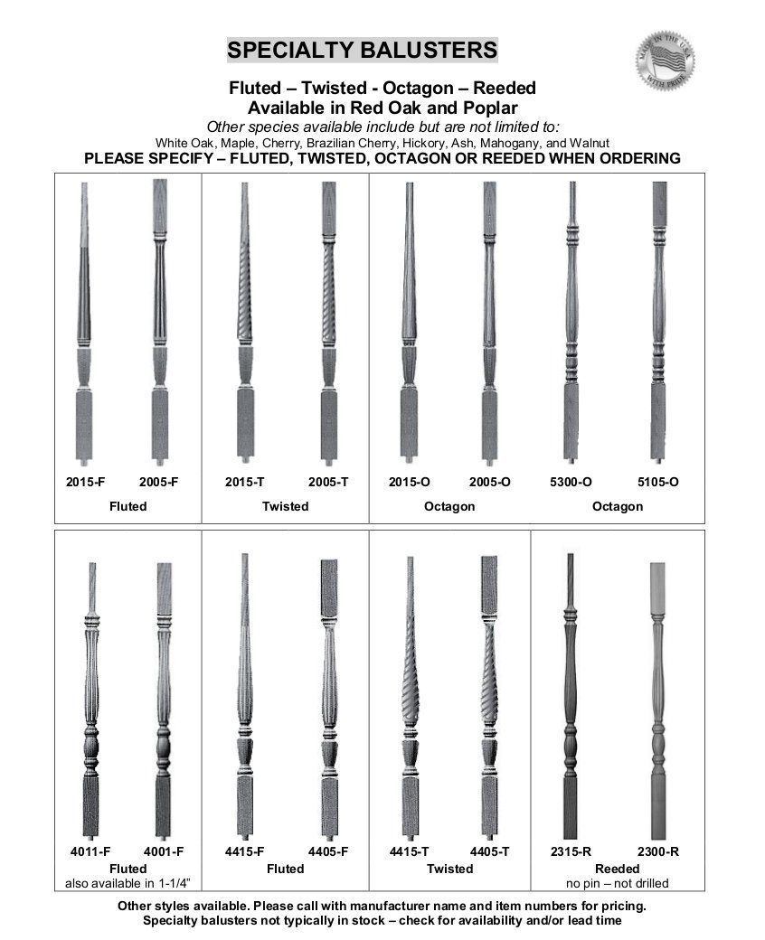 Specialty balusters chart showing multiple black and white baluster designs and labels