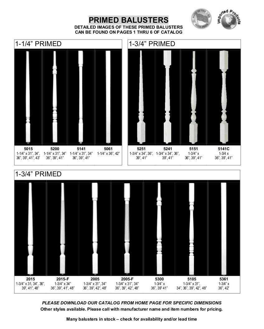 Product chart of decorative painted balusters in black, white, and gray, shown in multiple styles.