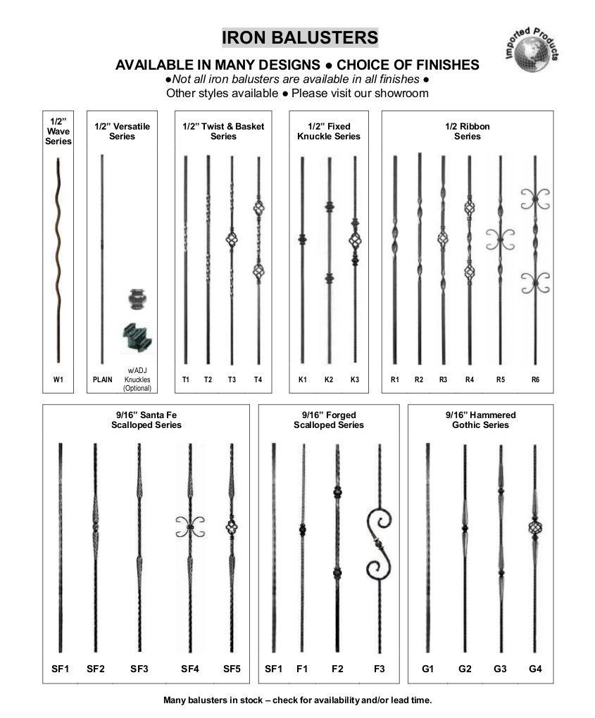 Iron balusters catalog chart showing various decorative black metal stair railing designs and finishes.