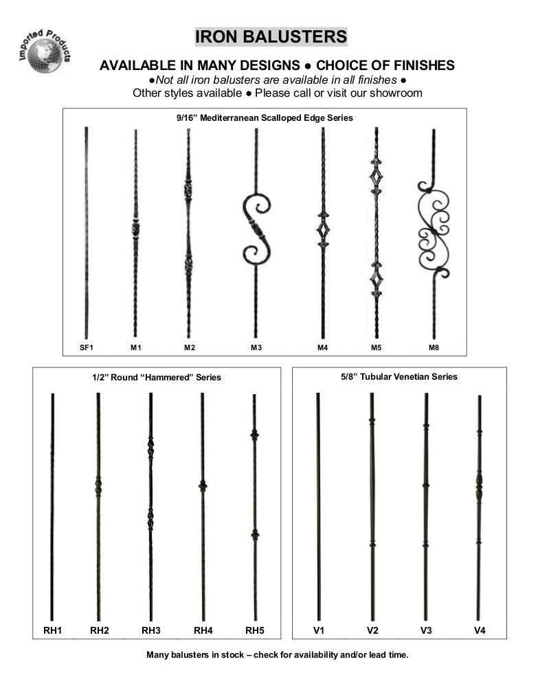 Iron baluster catalog showing decorative black stair balusters in multiple styles and finishes