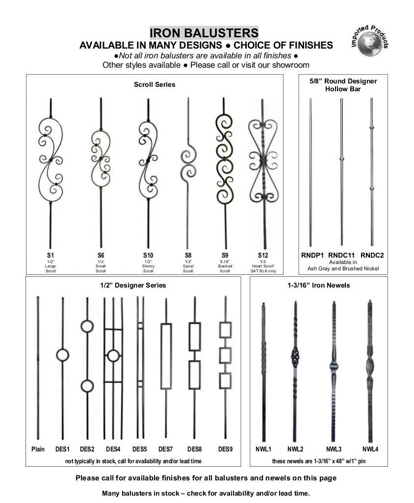 Chart of iron baluster styles with multiple decorative vertical rod designs and labels.