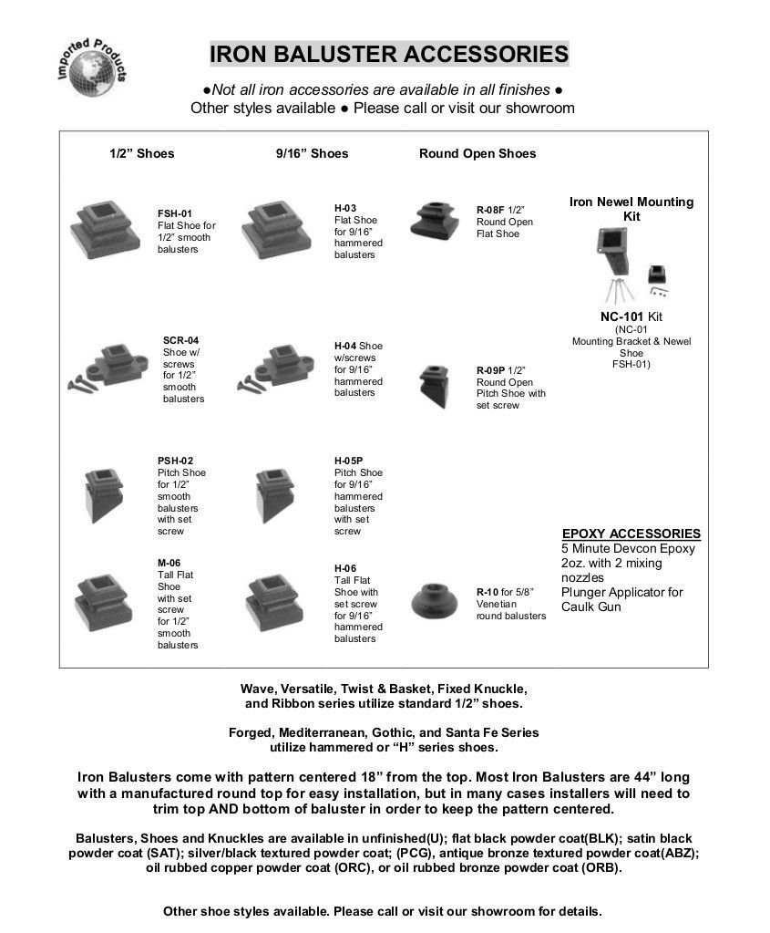Iron baluster accessories catalog page with product photos, labels, and installation diagrams