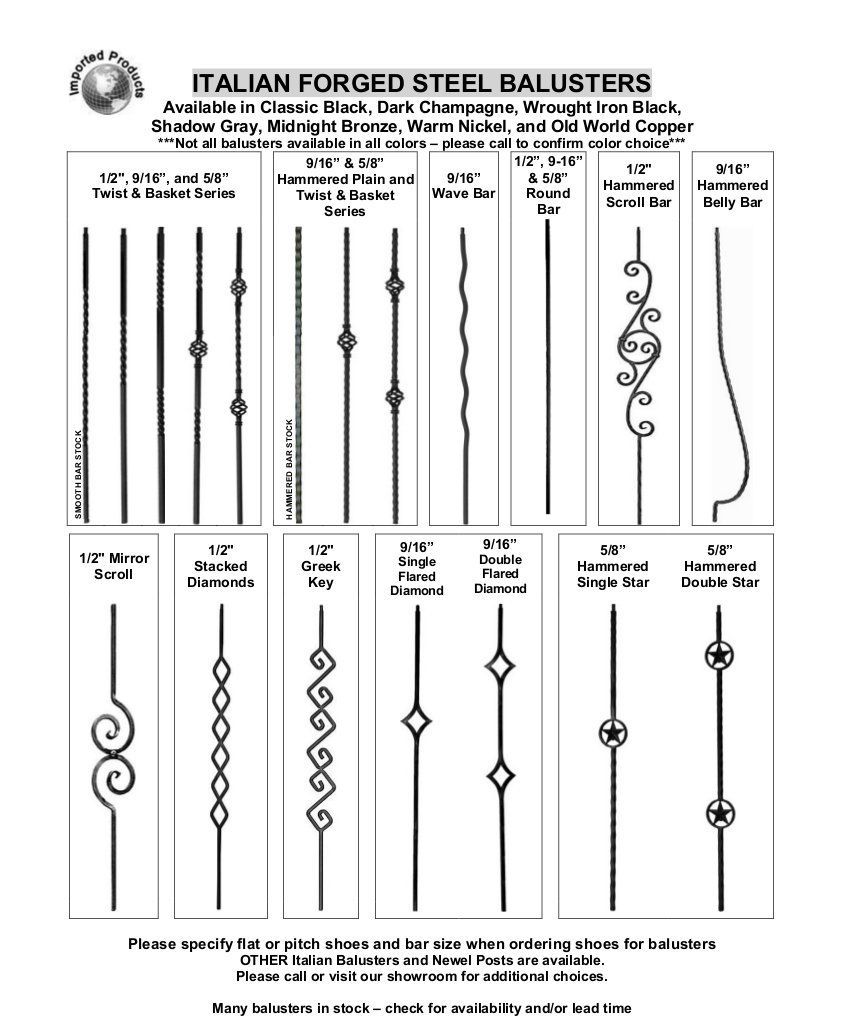 Catalog page of Italian forged steel balusters with multiple decorative black iron designs.