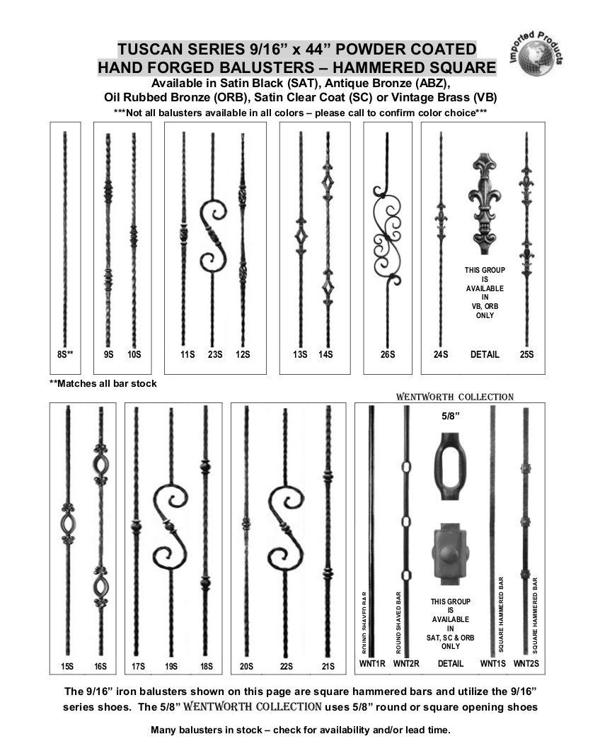 Black-and-white catalog page of decorative window grille and wrought-iron railing designs with measurements