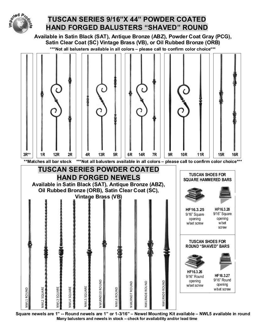 Catalog page showing Tuscan series hand-forged iron balusters and stair railing designs.