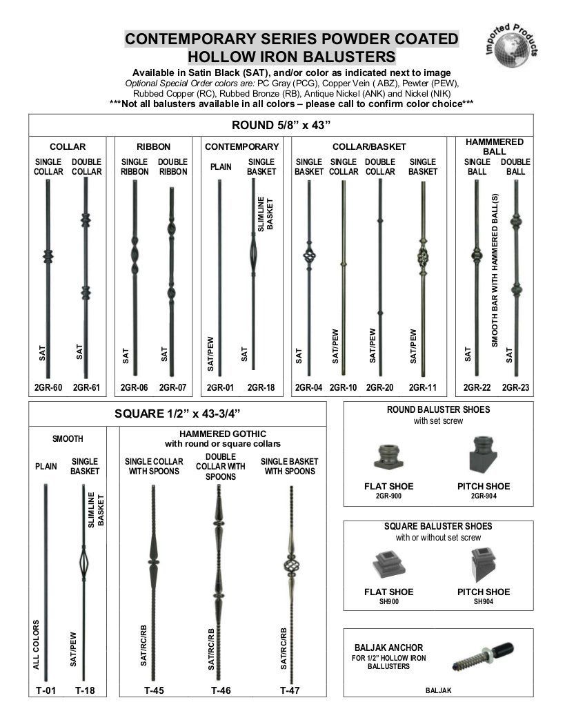 Catalog sheet of power-coated hollow iron balusters, showing multiple design samples and dimensions.