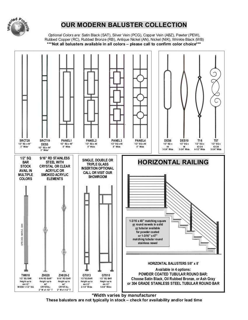 Diagram of decorative baluster designs with labeled vertical and horizontal railing patterns