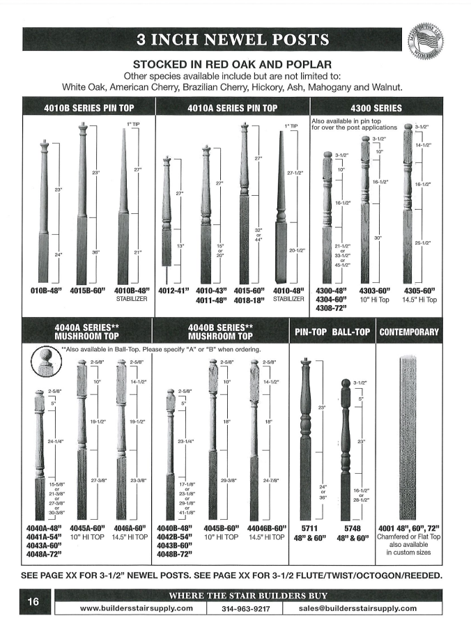 Catalog page of 3-inch black and white newel posts with multiple styles and measurements.