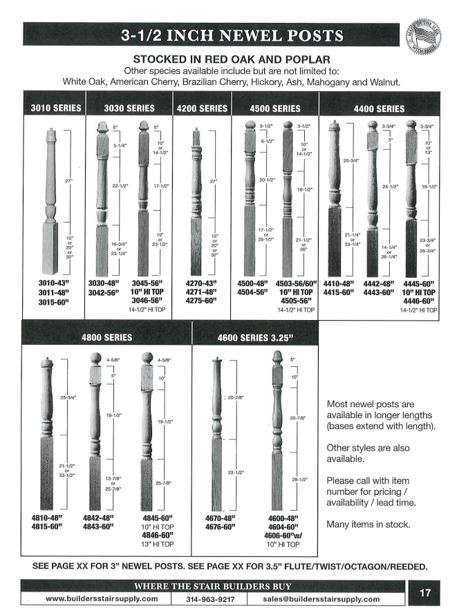 Black-and-white catalog page showing 3-1/2 inch newel post styles with labeled product drawings and prices